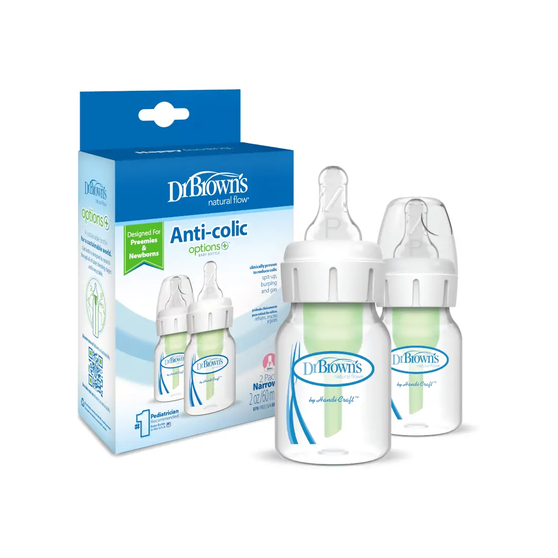 Pachet Biberoane din plastic, Anti-Colici cu Gat Ingust, 60 ml. â€Options Plus†� ptr. prematuri, (2 pack), BPA Free