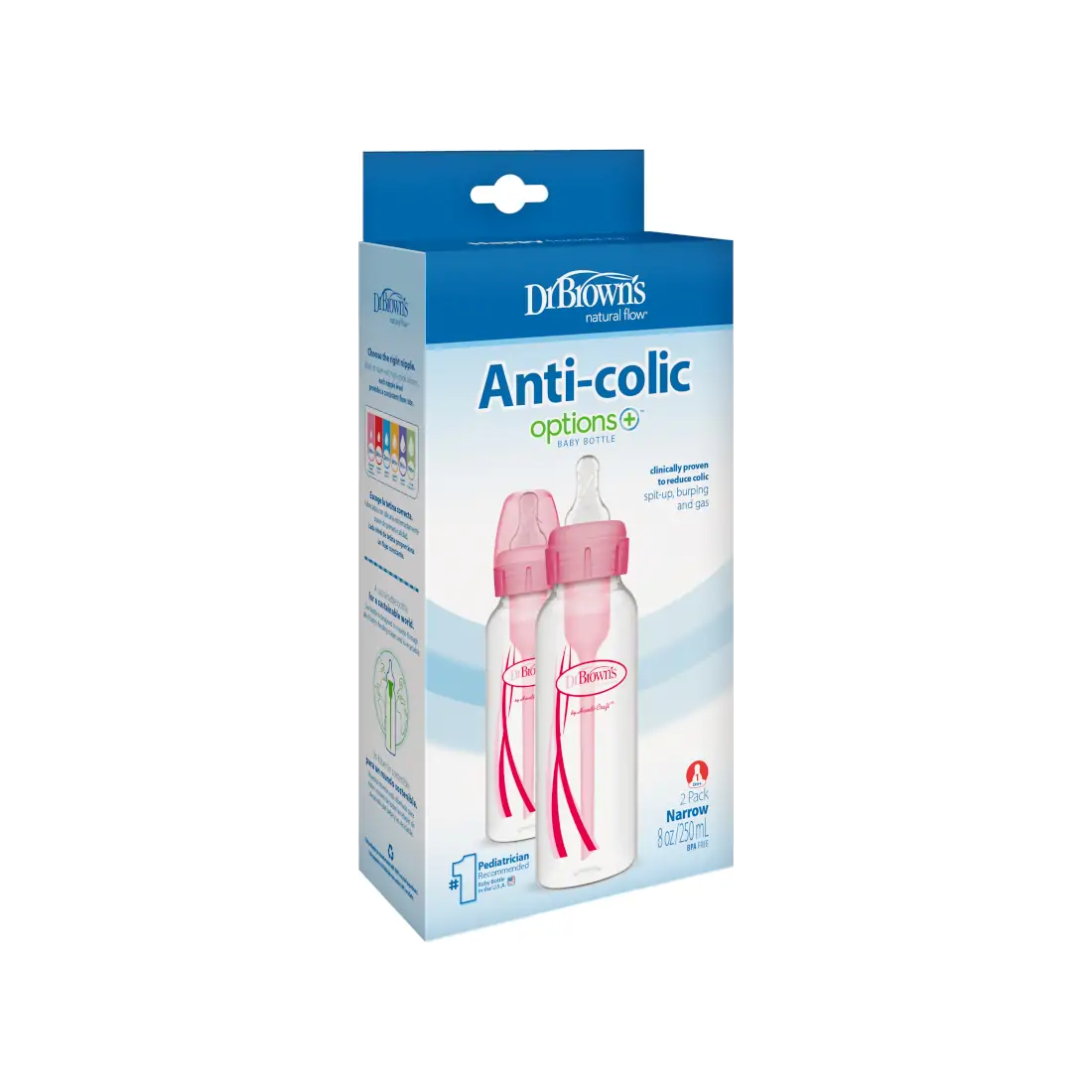 Pachet Biberoane din plastic, Anti-Colici cu Gat Ingust "Options Plus" de 250 ml. (2-Pack) Roz