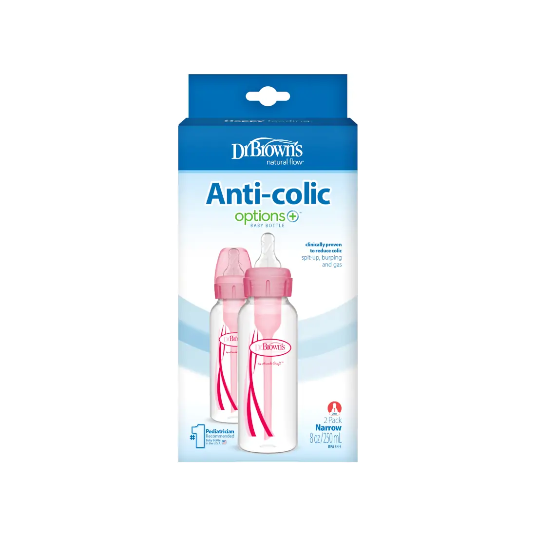 Pachet Biberoane din plastic, Anti-Colici cu Gat Ingust "Options Plus" de 250 ml. (2-Pack) Roz