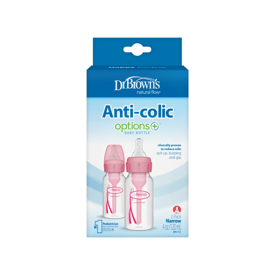 Pachet Biberoane din plastic, Anti-Colici cu Gat Ingust â€Options Plus†� 120 ml. (2 pack) Roz