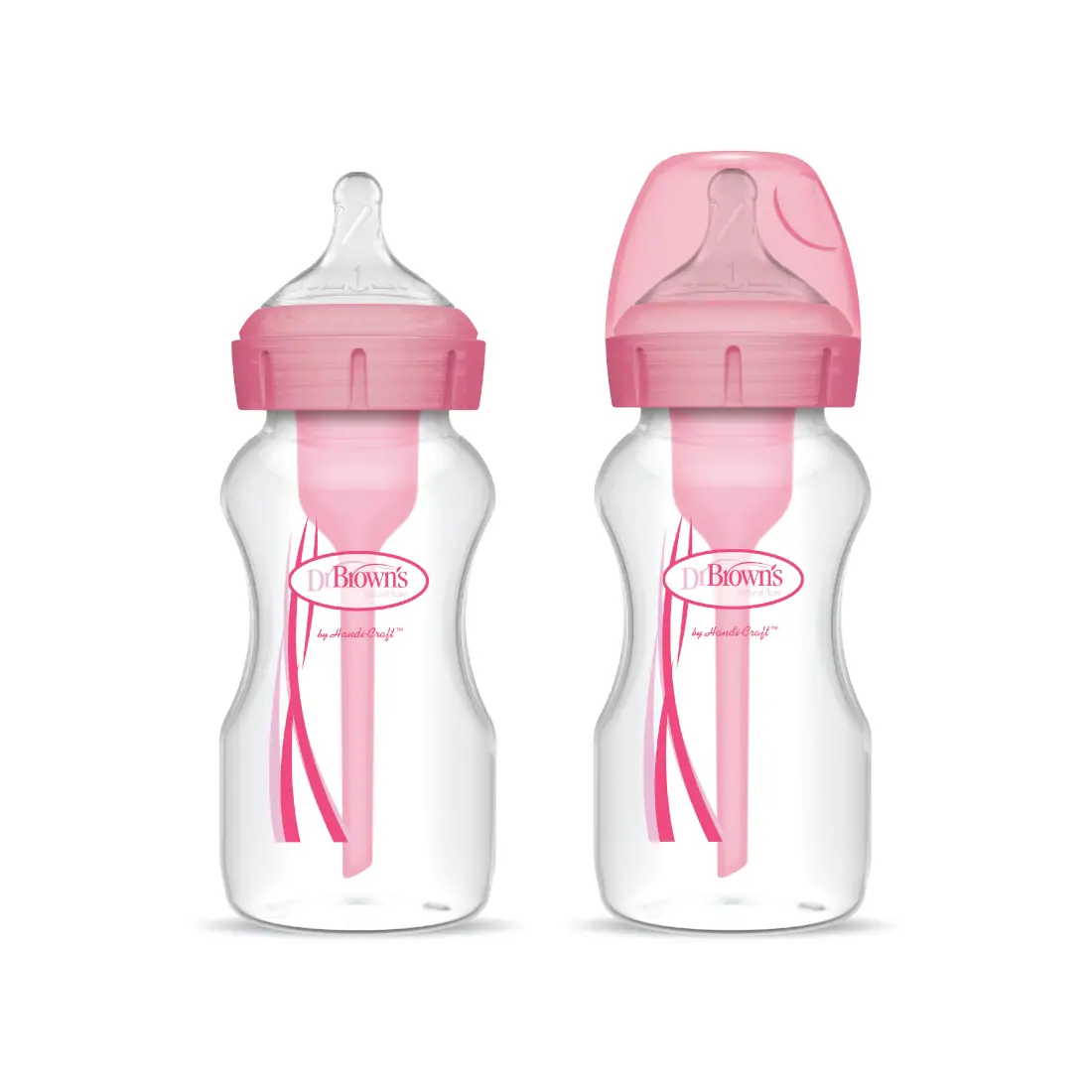 Pachet Biberoane din plastic, Anti-Colici Gat Larg "Options Plus" 270 ml. Roz (2-Pack)