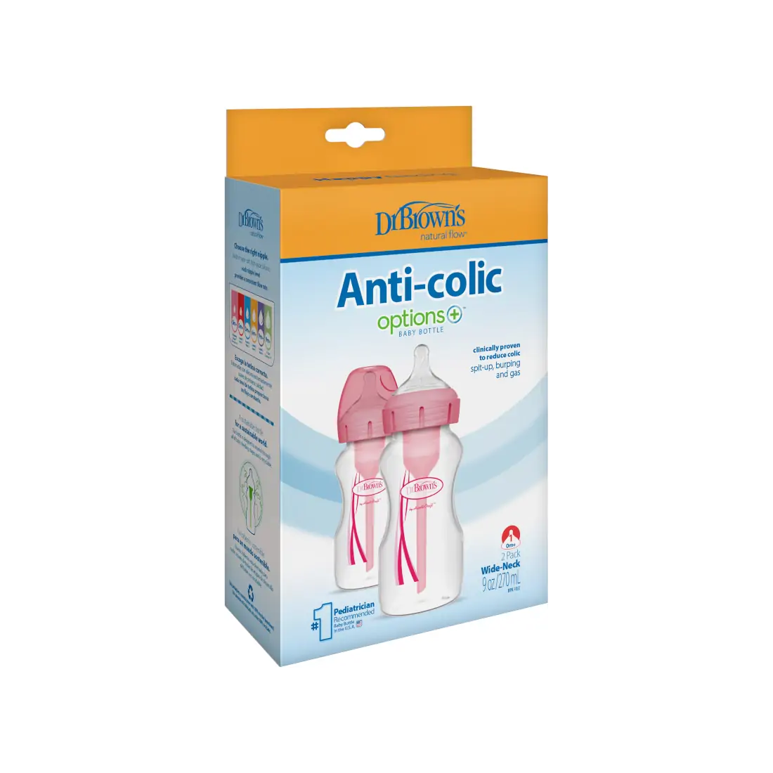 Pachet Biberoane din plastic, Anti-Colici Gat Larg "Options Plus" 270 ml. Roz (2-Pack)