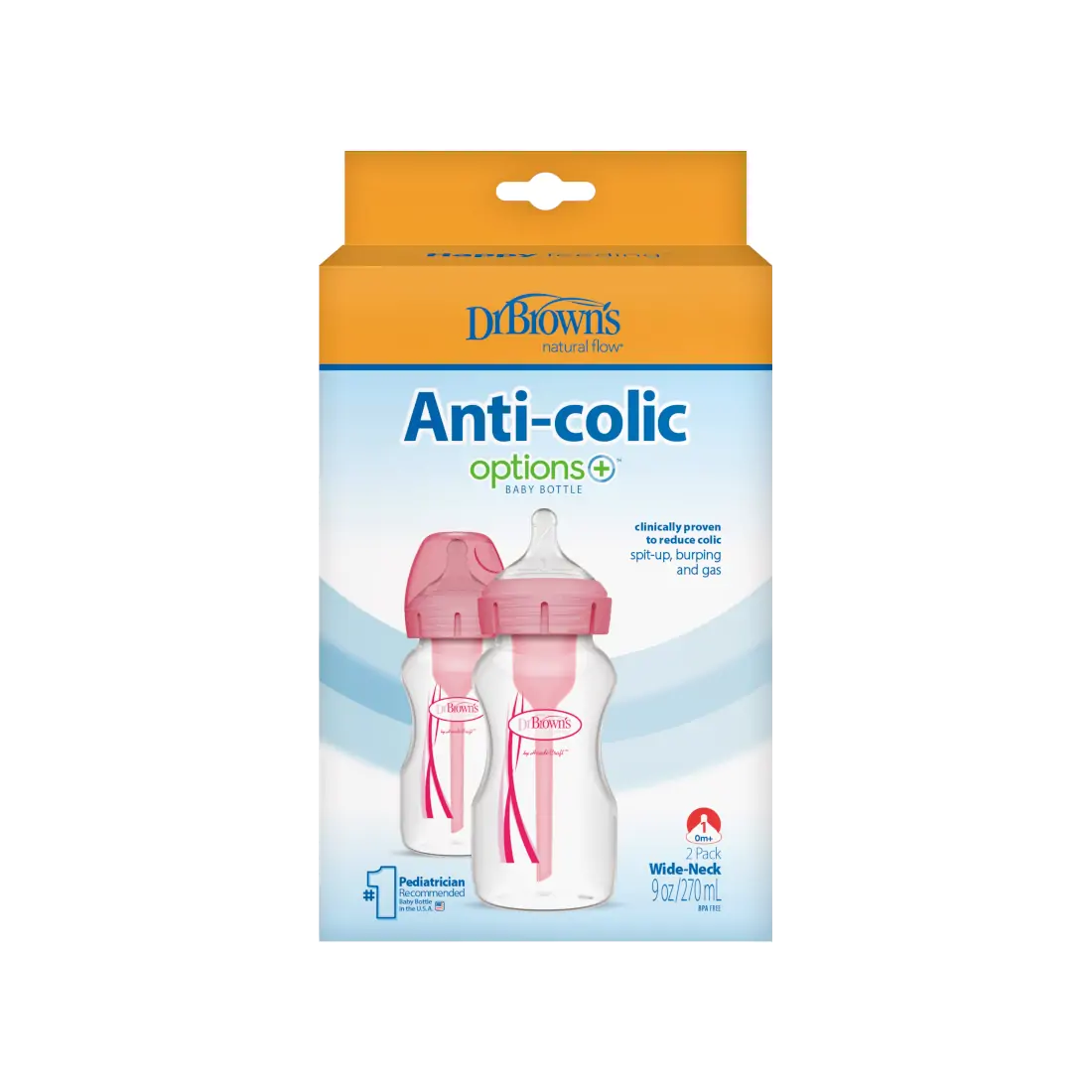 Pachet Biberoane din plastic, Anti-Colici Gat Larg "Options Plus" 270 ml. Roz (2-Pack)