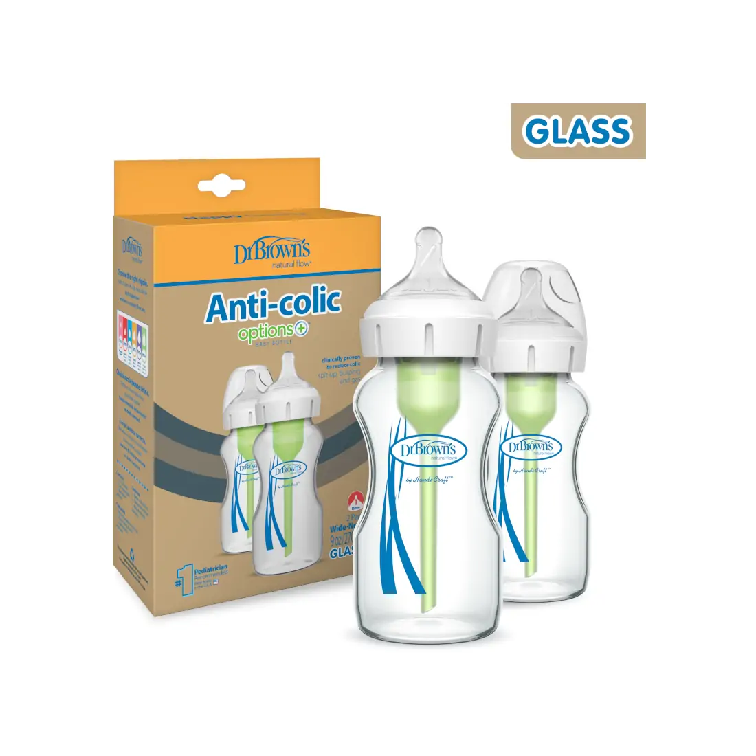 Pachet Biberoane Anti-Colici cu Gat Larg â€Options Plus†din sticla 270 ml. (2 pack)