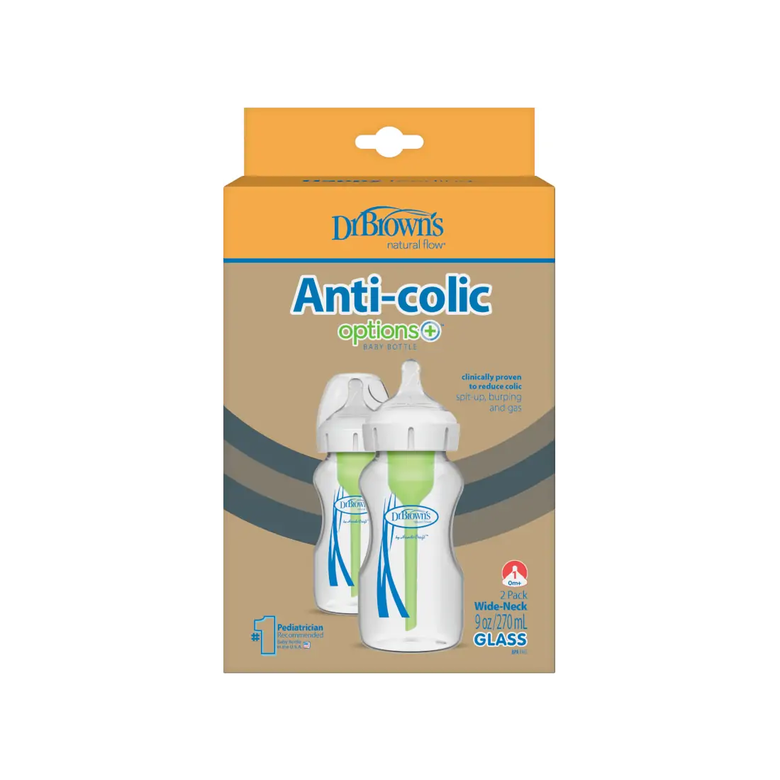 Pachet Biberoane Anti-Colici cu Gat Larg â€Options Plus†din sticla 270 ml. (2 pack)