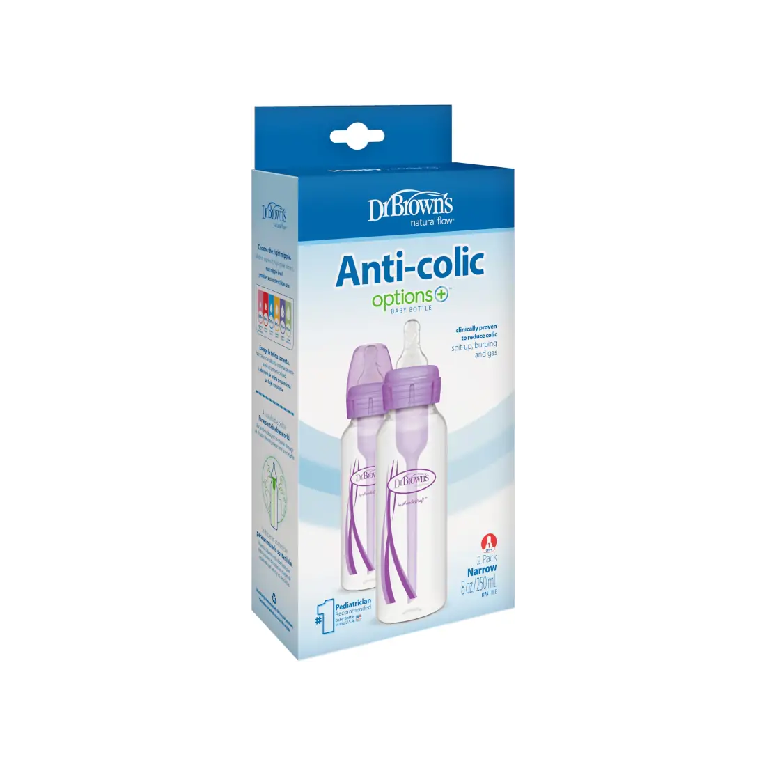 Pachet Biberoane din plastic, Anti-Colici cu Gat Ingust â€Options Plus†� de 250 ml. (2 pack) Violet