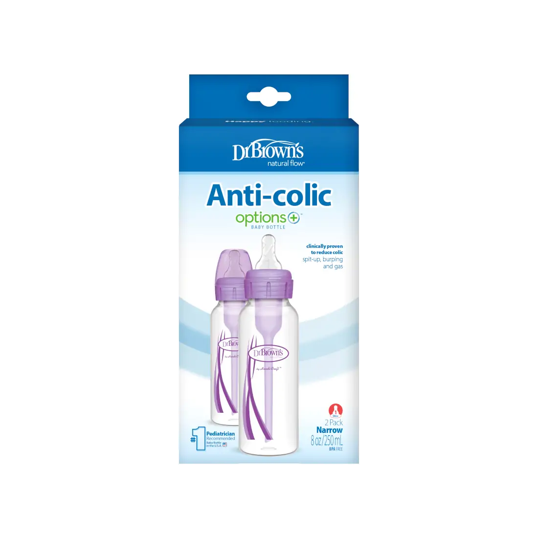 Pachet Biberoane din plastic, Anti-Colici cu Gat Ingust â€Options Plus†� de 250 ml. (2 pack) Violet