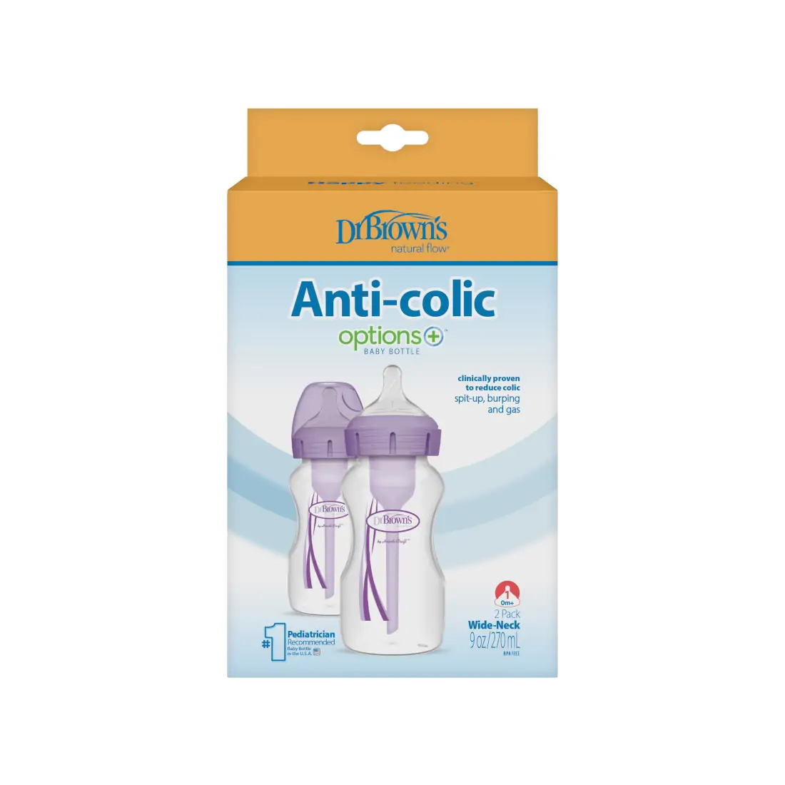 Pachet Biberoane din plastic, Anti-Colici Gat Larg "Options Plus" 270 ml. Violet (2-Pack)