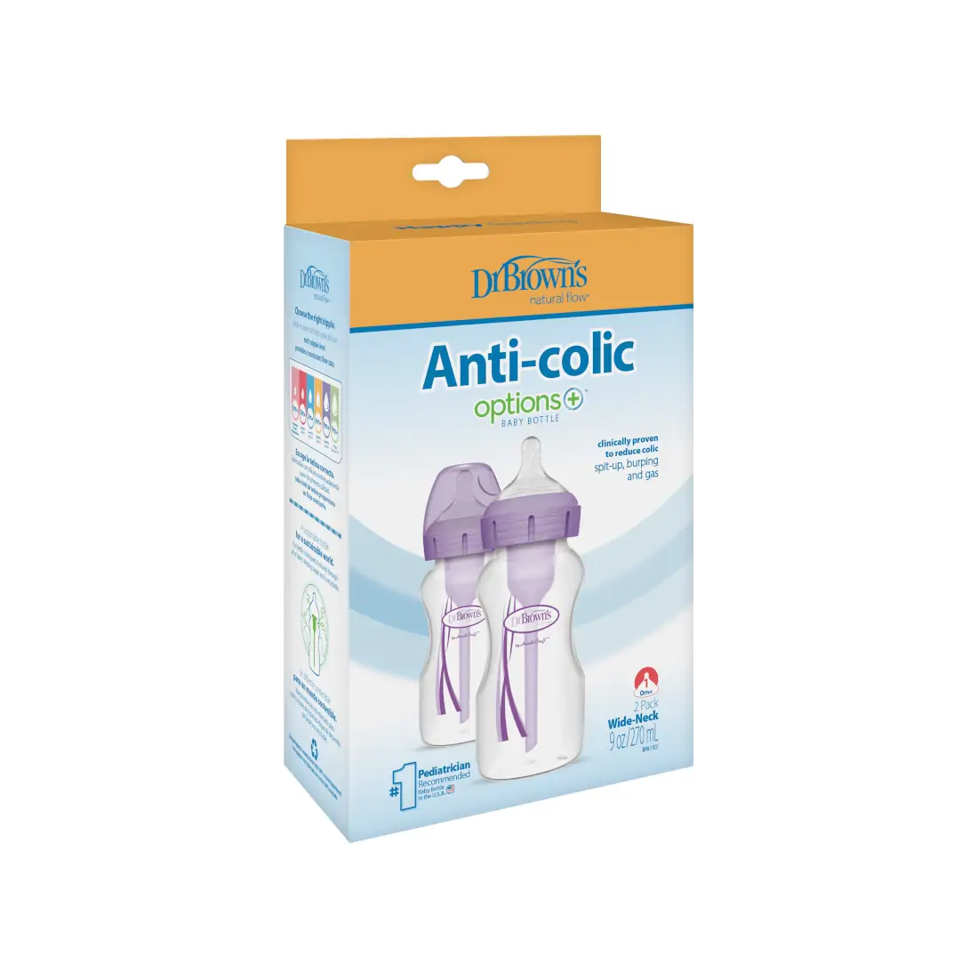 Pachet Biberoane din plastic, Anti-Colici Gat Larg "Options Plus" 270 ml. Violet (2-Pack)