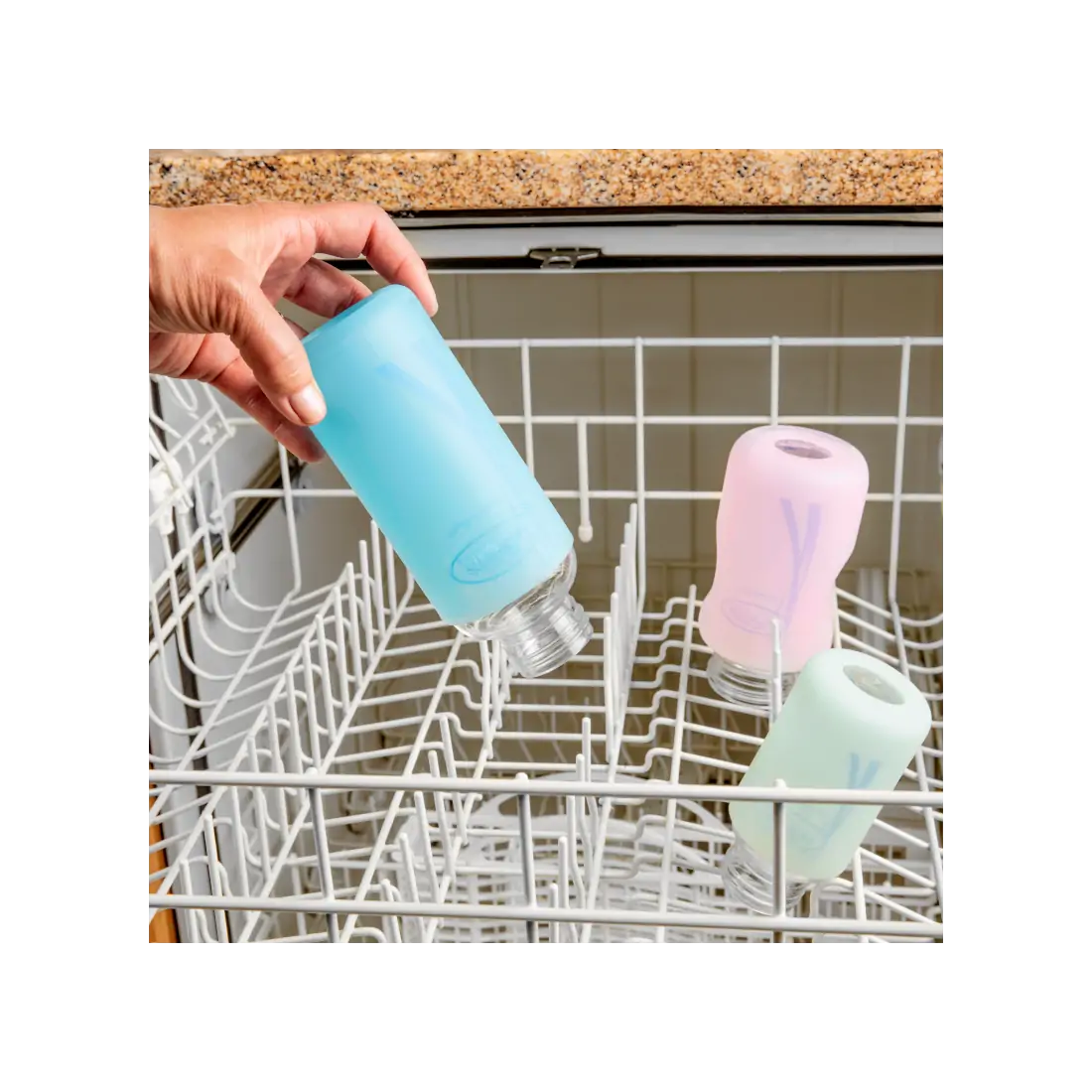 Protectie din silicon pentru biberon Gat Ingust din sticla 250 ml., albastru