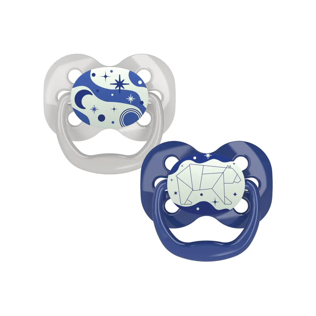 Suzeta silicon "Advantage" cu capac, nivel 1 (0-6 luni), culori fosforescente ptr. baieti (2 pack)