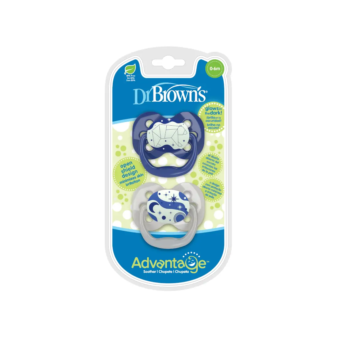 Suzeta silicon "Advantage" cu capac, nivel 1 (0-6 luni), culori fosforescente ptr. baieti (2 pack)