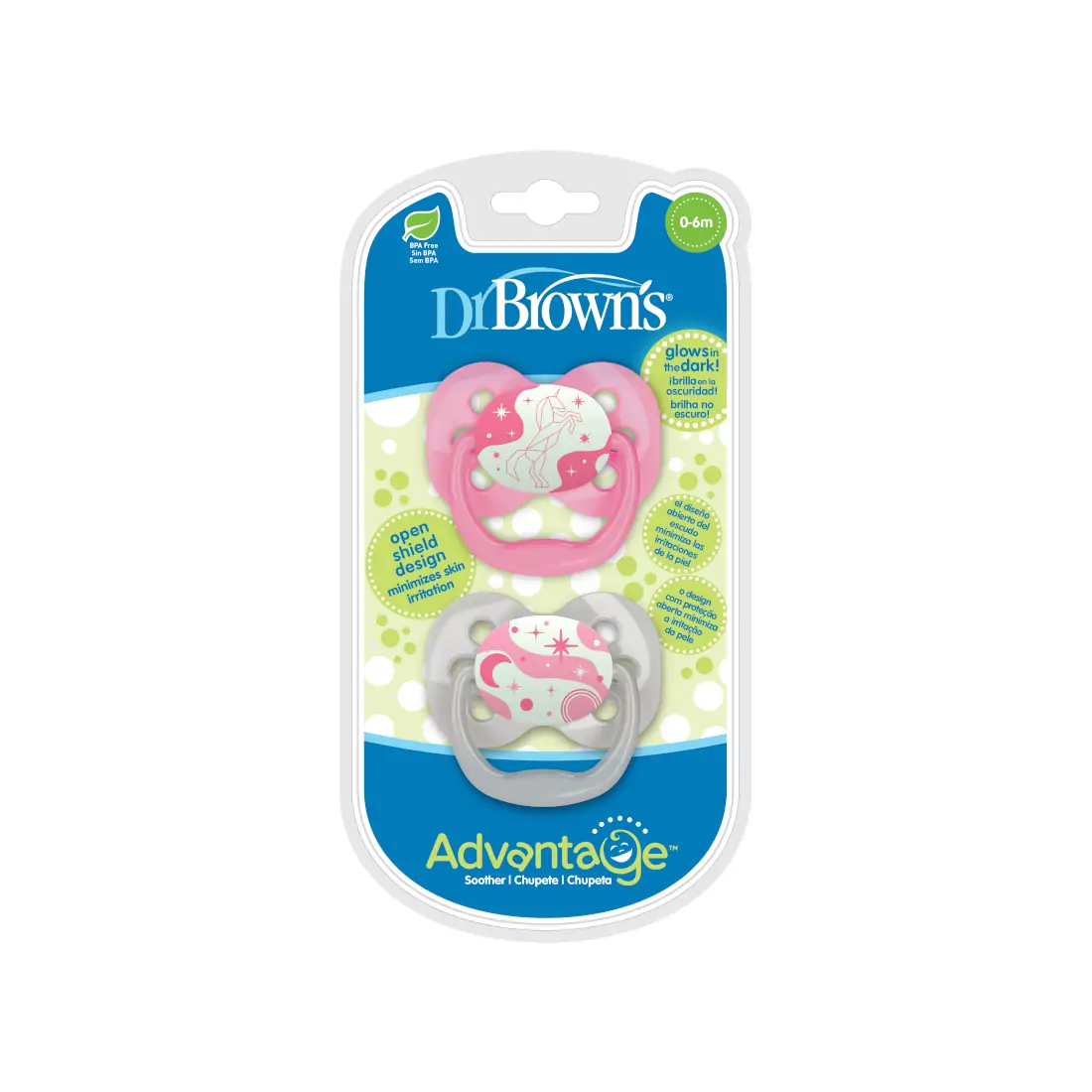 Suzeta silicon "Advantage" cu capac, nivel 1 (0-6 luni), culori fosforescente ptr. fetite (2 pack)