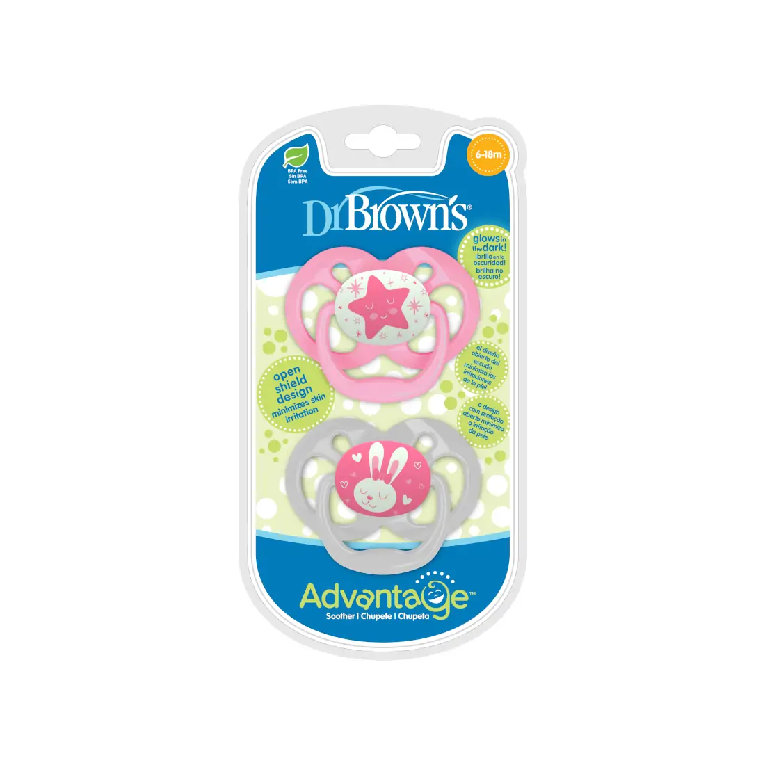 Suzeta silicon "Advantage" cu capac, nivel 2 (6-18 luni), culori fosforescente ptr. fetite (2 pack)