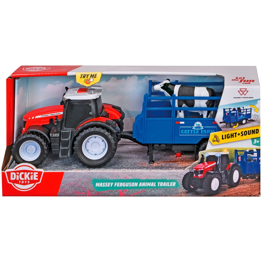 Tractor Dickie Toys Massey Ferguson Animal Trailer 26 cm cu lumini, sunete, remorca si figurina vaca
