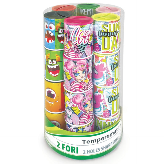 Ascutitoare de creion cu 2 gauri si container Fantasy, 6 modele (24 buc/display)
