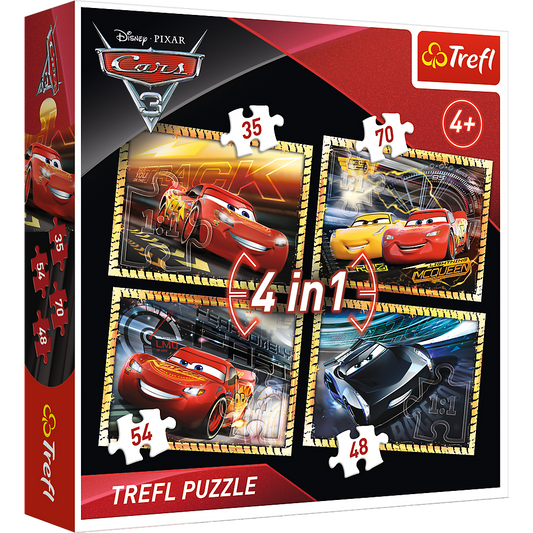 Set puzzle 4 in 1 Trefl Disney Cars, Gata de cursa 1x35 piese, 1x48 piese, 1x54 piese, 1x70 piese