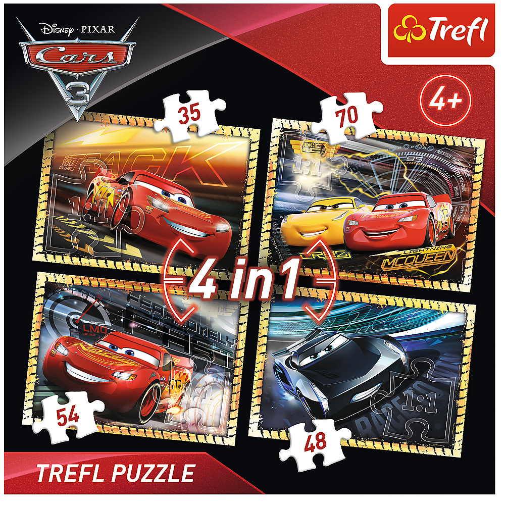 Set puzzle 4 in 1 Trefl Disney Cars, Gata de cursa 1x35 piese, 1x48 piese, 1x54 piese, 1x70 piese