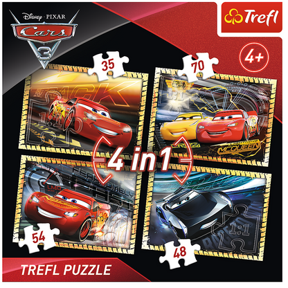 Set puzzle 4 in 1 Trefl Disney Cars, Gata de cursa 1x35 piese, 1x48 piese, 1x54 piese, 1x70 piese