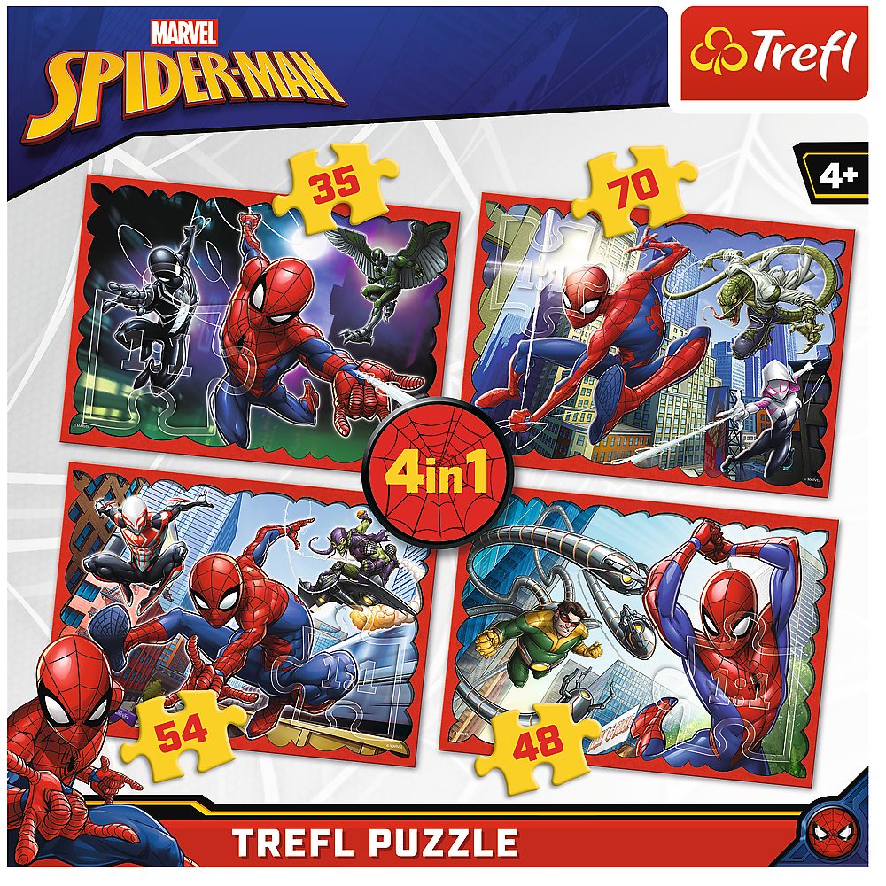 Set puzzle 4 in 1 Trefl Marvel Spider Man, Forta paianjenului, 1x35 piese, 1x48 piese, 1x54 piese, 1x70 piese
