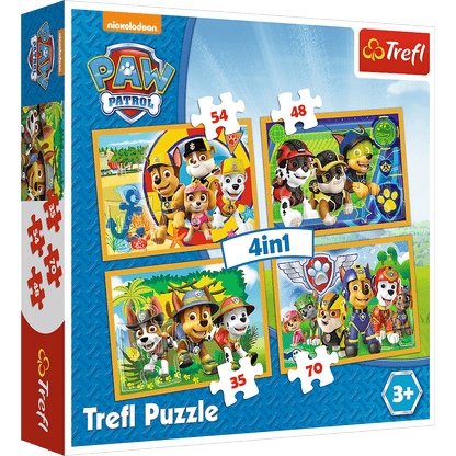 Set puzzle 4 in 1 Trefl Paw Patrol, Mereu punctual, 1x35 piese, 1x48 piese, 1x54 piese, 1x70 piese