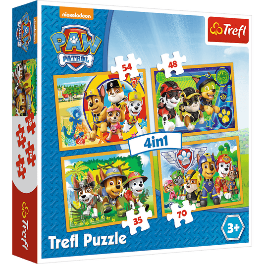 Set puzzle 4 in 1 Trefl Paw Patrol, Mereu punctual, 1x35 piese, 1x48 piese, 1x54 piese, 1x70 piese