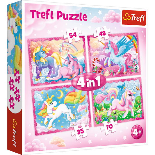 Set puzzle 4 in 1 Trefl Lumea magica a unicornilor, 1x35 piese, 1x48 piese, 1x54 piese, 1x70 piese