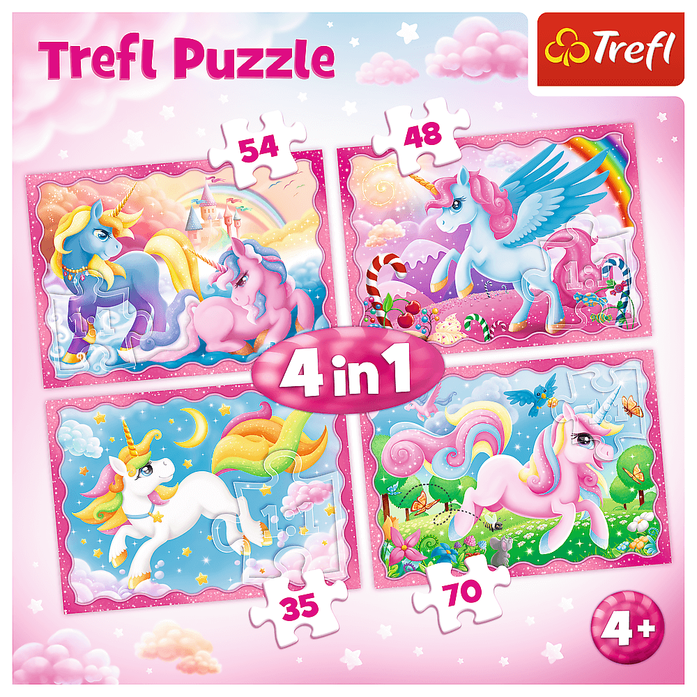 Set puzzle 4 in 1 Trefl Lumea magica a unicornilor, 1x35 piese, 1x48 piese, 1x54 piese, 1x70 piese