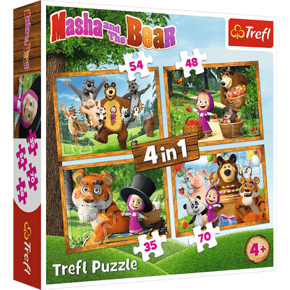 Set puzzle 4 in 1 Trefl Masha and the Bear, Aventurile lui Masha in padure, 1x35 piese, 1x48 piese, 1x54 piese, 1x70 piese