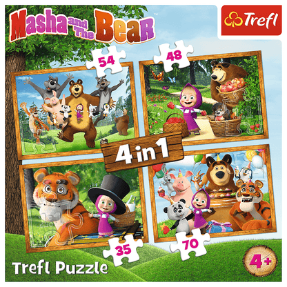 Set puzzle 4 in 1 Trefl Masha and the Bear, Aventurile lui Masha in padure, 1x35 piese, 1x48 piese, 1x54 piese, 1x70 piese