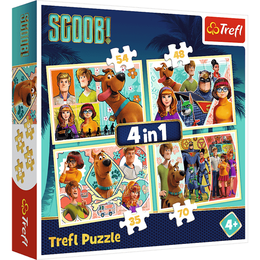Set puzzle 4 in 1 Trefl Scooby Doo si prietenii, 1x35 piese, 1x48 piese, 1x54 piese, 1x70 piese