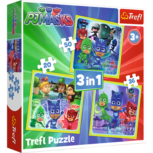 Set puzzle 3 in 1 Trefl Eroi in Pijama, Gata de actiune, 1x20 piese, 1x36 piese, 1x50 piese