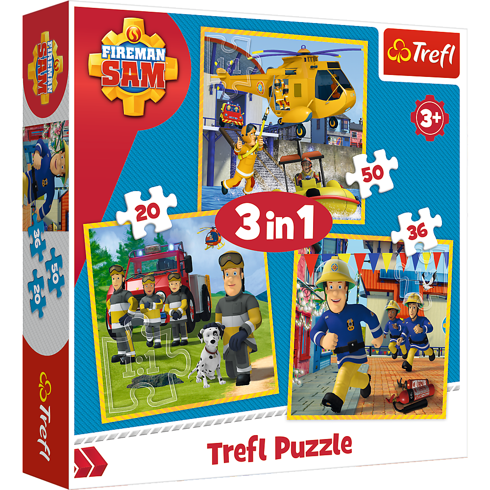 Set puzzle 3 in 1 Trefl Fireman Sam, Pompierul Sam in actiune, 1x20 piese, 1x36 piese, 1x50 piese