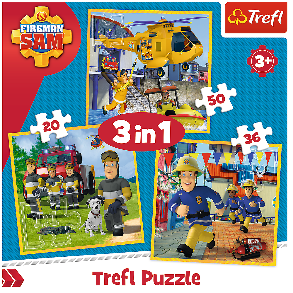 Set puzzle 3 in 1 Trefl Fireman Sam, Pompierul Sam in actiune, 1x20 piese, 1x36 piese, 1x50 piese