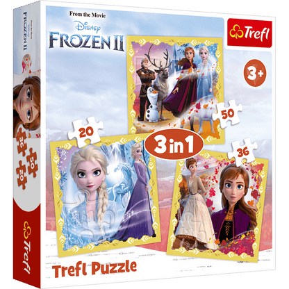Set puzzle 3 in 1 Trefl Disney Frozen 2, Puternicele Ana si Elsa, 1x20 piese, 1x36 piese, 1x50 piese