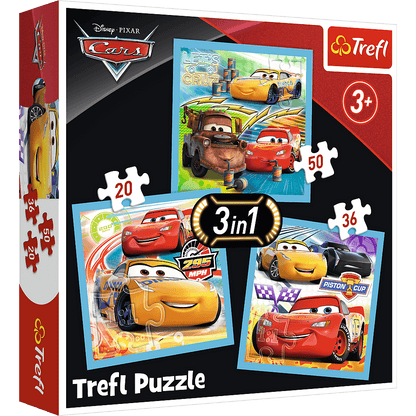 Set puzzle 3 in 1 Trefl Disney Cars, Pregatiri pentru cursa, 1x20 piese, 1x36 piese, 1x50 piese