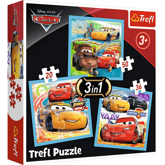 Set puzzle 3 in 1 Trefl Disney Cars, Pregatiri pentru cursa, 1x20 piese, 1x36 piese, 1x50 piese