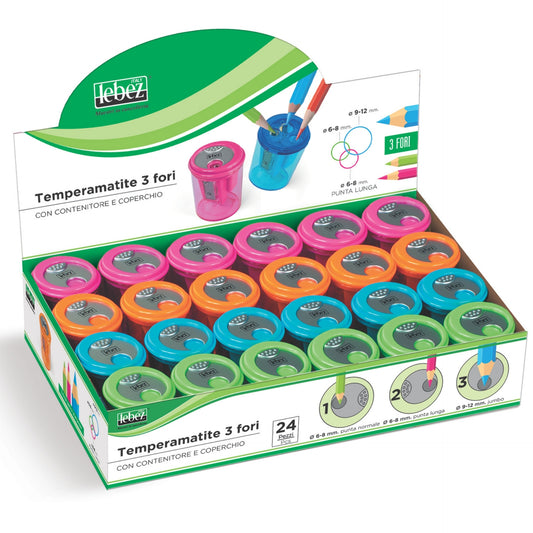 Ascutitoare de creion cu 3 gauri si container transparent, 4 culori (24 buc/display)