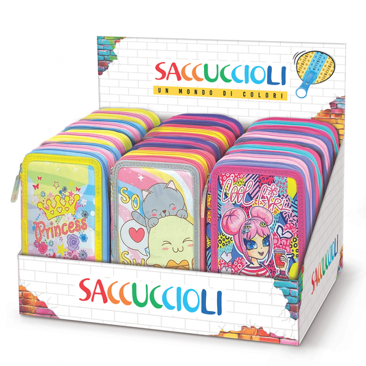 Penar echipat - Colectia pentru fete cu 3 fermoare (18 markere si 18 creioane colorate) - 13 x 20 x 6.5 cm (12buc/display)