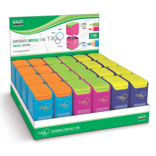 Ascutitoare de creion cu 3 gauri, Trio, cu container, 3 culori (24 buc/display)