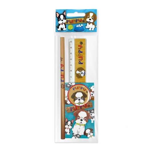 Set scolar Puppy (1 radiera, 1 ascutitoare, 1 rigla de 15 cm, 1 creion, 1 mini blocnotes)