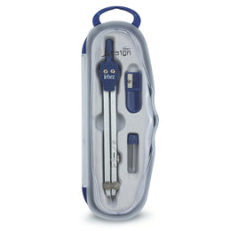 Trusa compas scolar din metal satinat cu deschidere rack, cu 3 accesorii (blister)