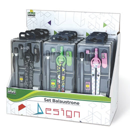 Trusa compas scolar din metal cu desene, cu 6 accesorii (12 blistere/display)