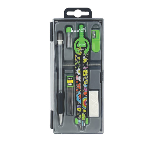 Trusa compas scolar din metal cu desene, cu 6 accesorii (12 blistere/display)
