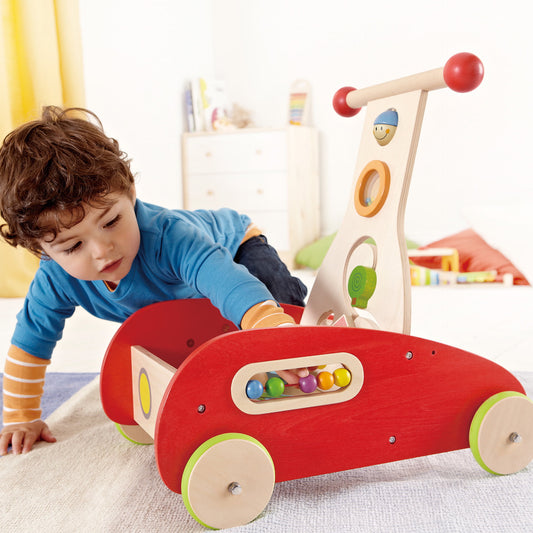 Jucarie din lemn - Antepremergator cu activitati rosu