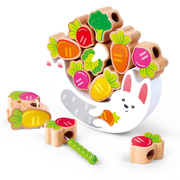 Joc din lemn 2 in 1 - Stivuiti legumele pe Iepuras si insirati legumele pe sfoara Omidei