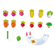 Joc din lemn 2 in 1 - Stivuiti legumele pe Iepuras si insirati legumele pe sfoara Omidei