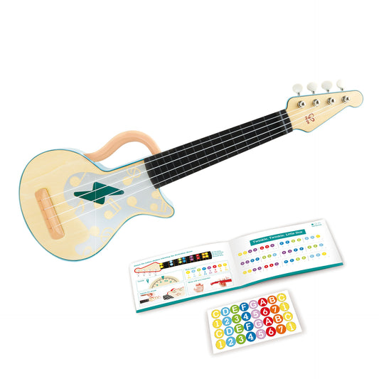Jucarie din lemn â€“ Instrument Ukulele (chitara) alba copii â€“ invata sa canti cu lumini