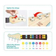 Jucarie din lemn â€“ Instrument Ukulele (chitara) alba copii â€“ invata sa canti cu lumini