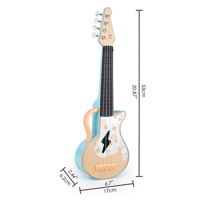 Jucarie din lemn â€“ Instrument Ukulele (chitara) alba copii â€“ invata sa canti cu lumini